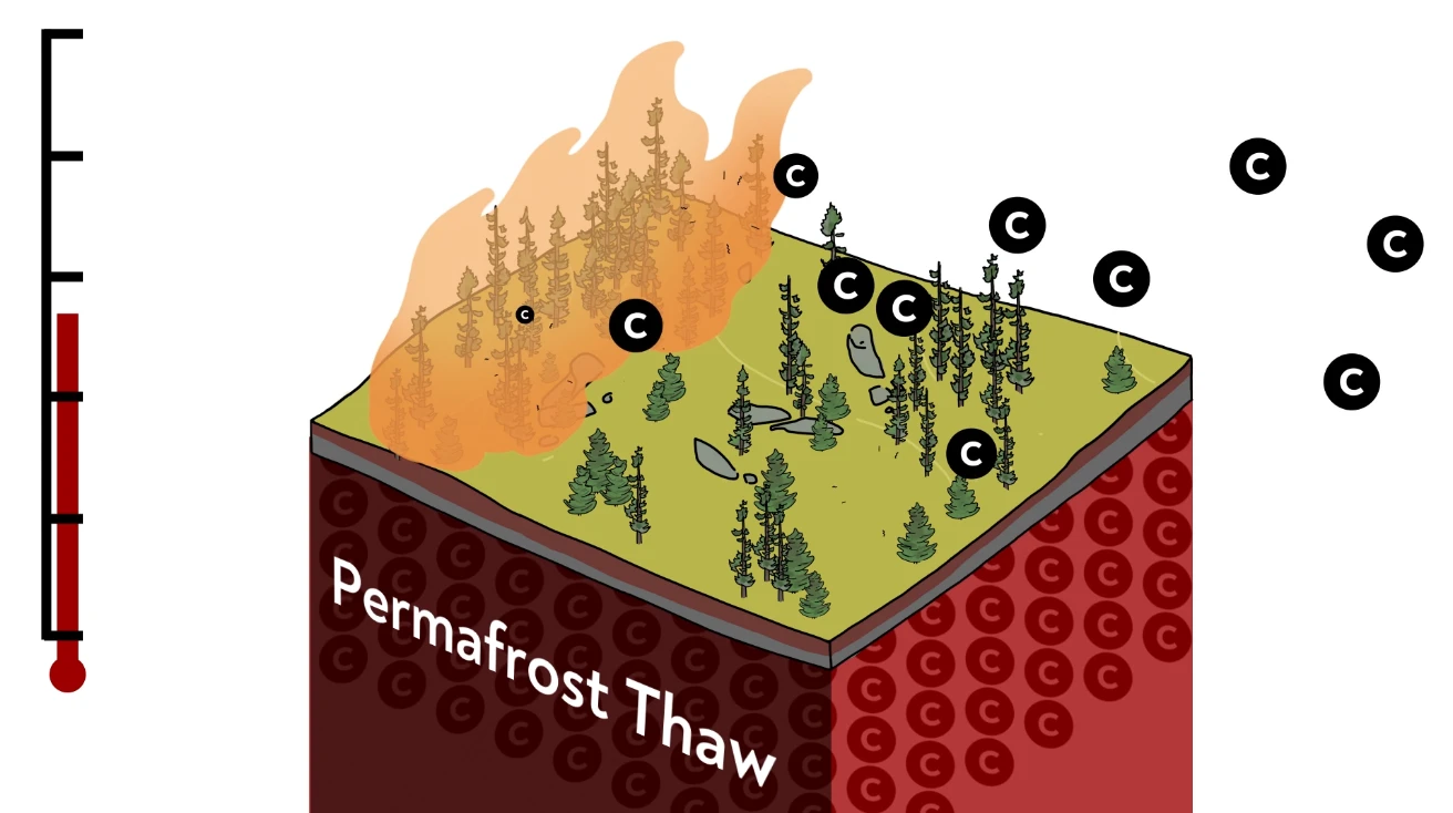 Illustrated permafrost block thawing under a wildfire, releasing carbon