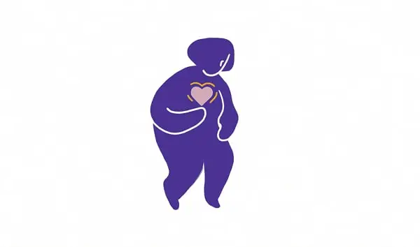 Purple drawing of a person holding a heart to their chest