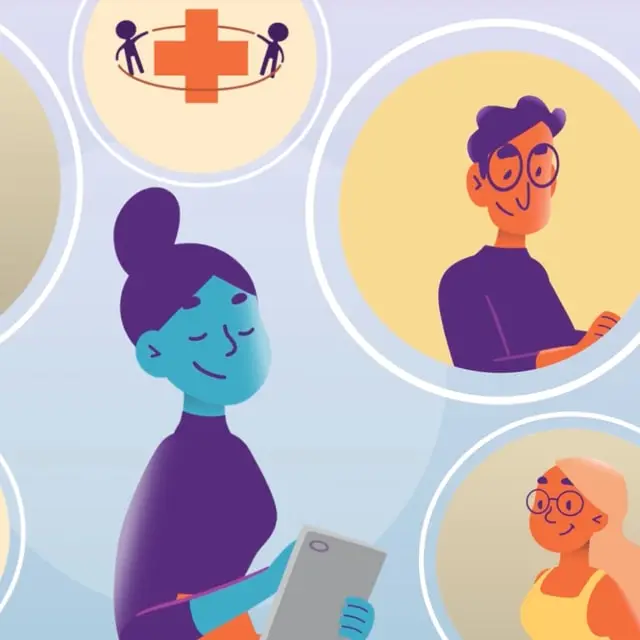 Illustrated readers in circles connected around a woman with a tablet