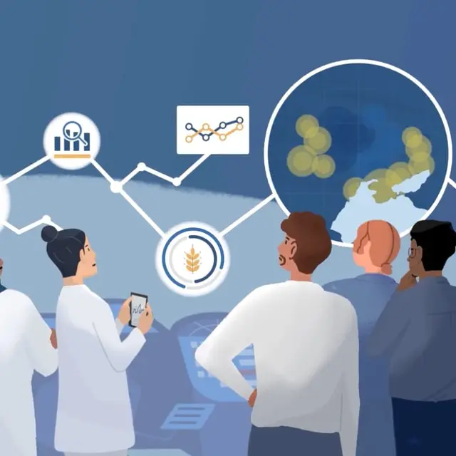 Illustrated researchers gathered around a globe showing crop data