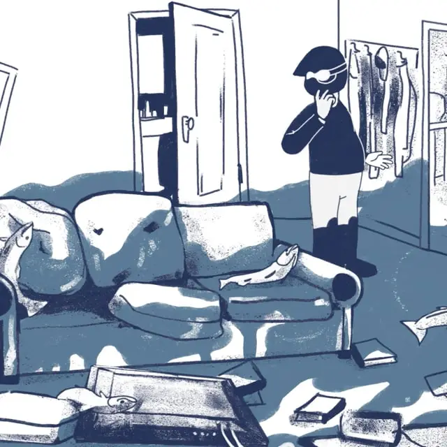 Illustrated rider in a helmet in a messy living room