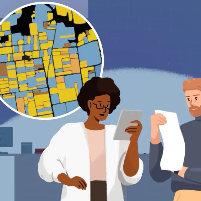 Illustrated scientists reviewing satellite farmland maps on a tablet
