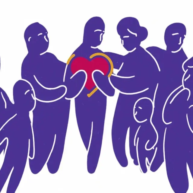 Purple silhouettes of people holding a red heart together