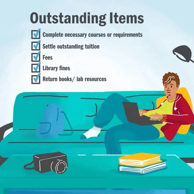 Illustrated student on a couch beside an Outstanding Items checklist