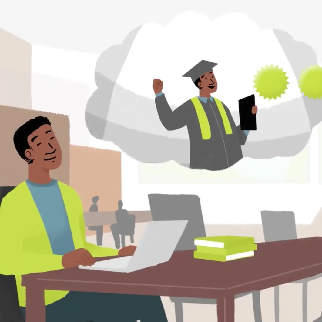 Illustrated student at a desk imagining graduation