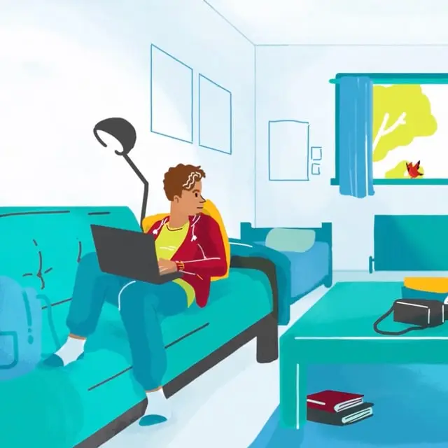 Illustrated student on a laptop on a teal couch in a dorm room