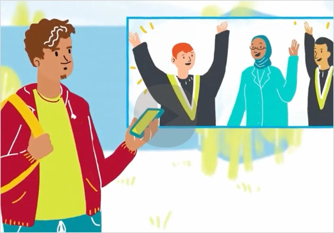 Illustrated student with a phone beside a screen of celebrating graduates