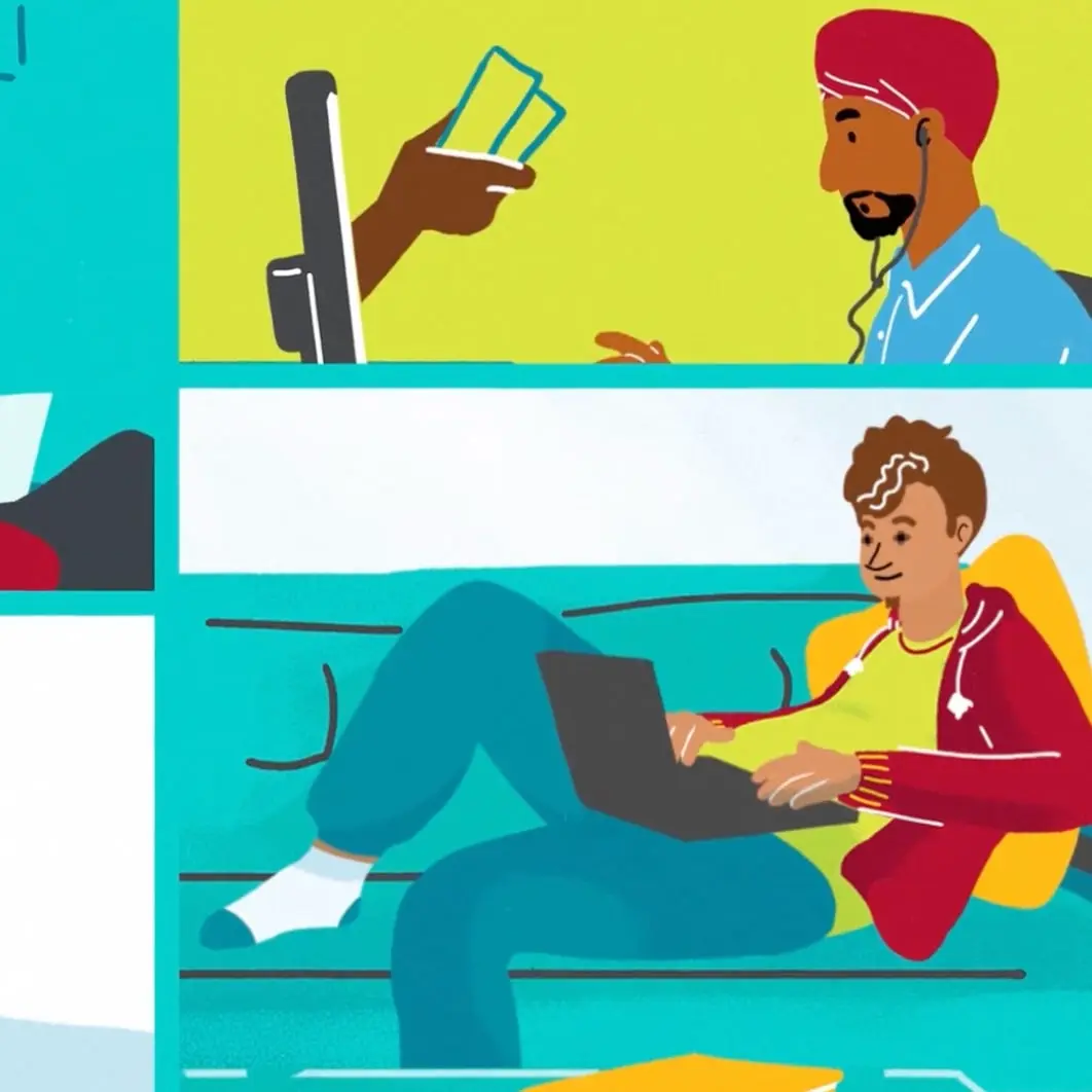 Illustrated students on laptops and a phone, in split panels
