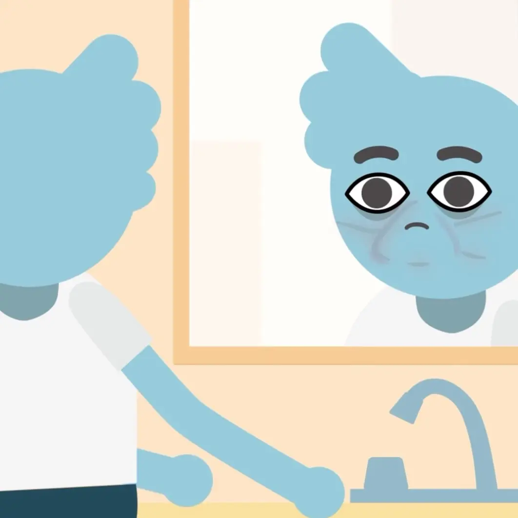 Illustrated tired character looking into a bathroom mirror