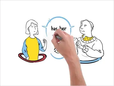 Hand drawing a whiteboard animation of two people talking