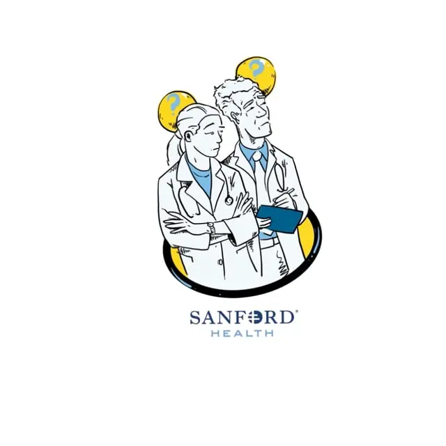 Whiteboard drawing of two doctors above the Sanford Health logo