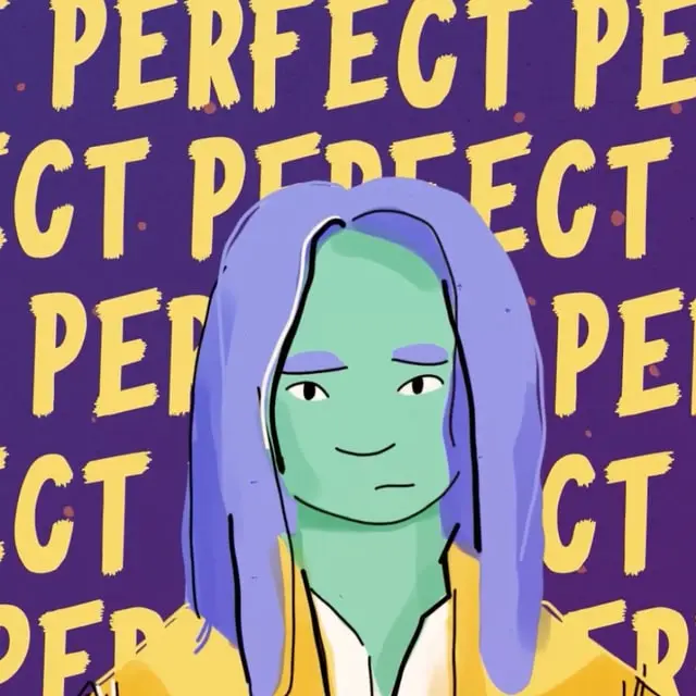 Illustrated woman in front of the repeated word Perfect