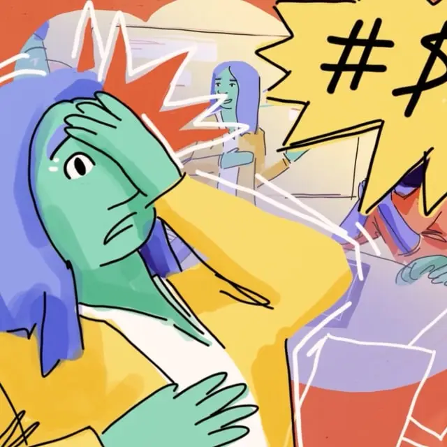 Illustrated woman holding her head beside a shouting speech bubble