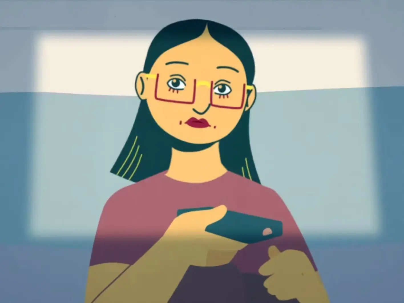 Illustrated woman in glasses looking at her phone
