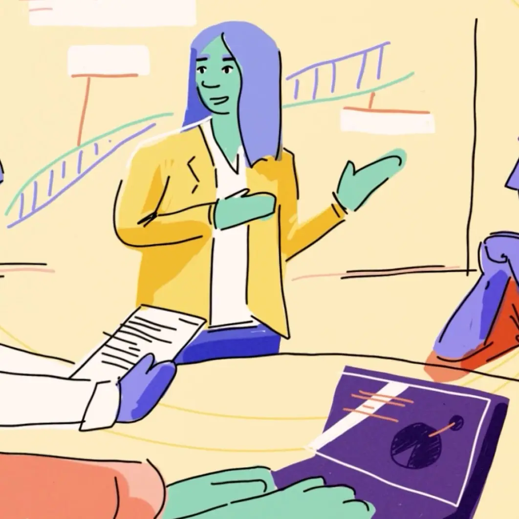 Illustrated woman presenting at a desk with a laptop