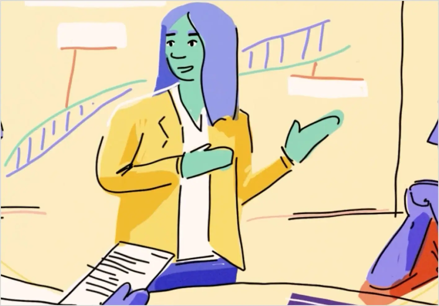 Illustrated woman presenting at a desk
