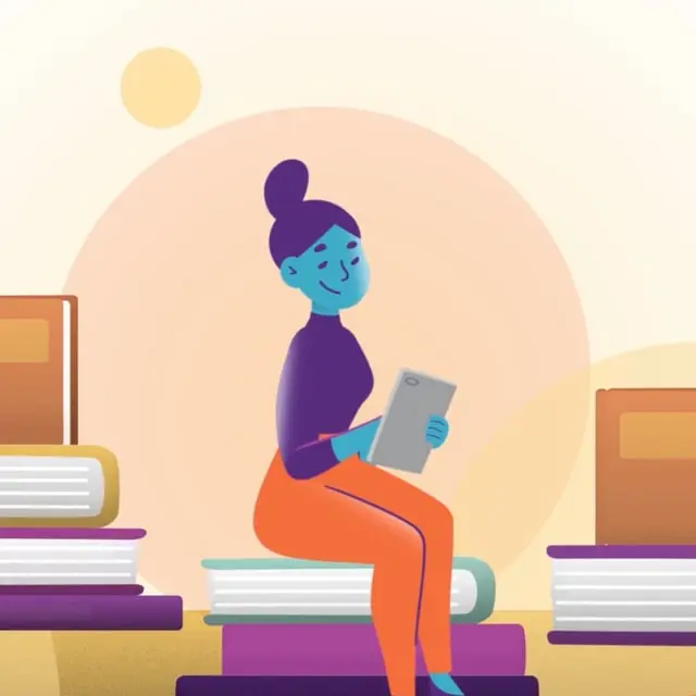 Illustrated woman reading a tablet while sitting on a stack of books