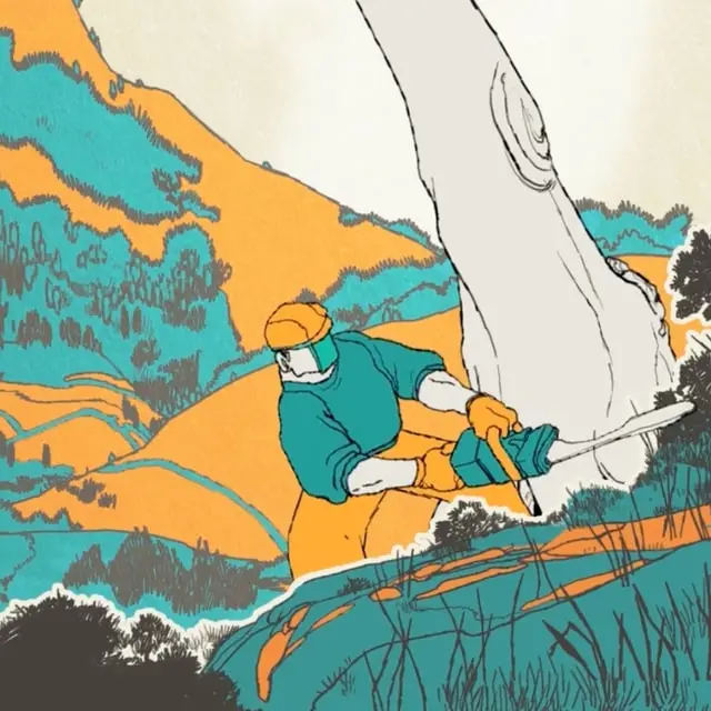 Illustrated worker in a hard hat cutting grass on a hillside