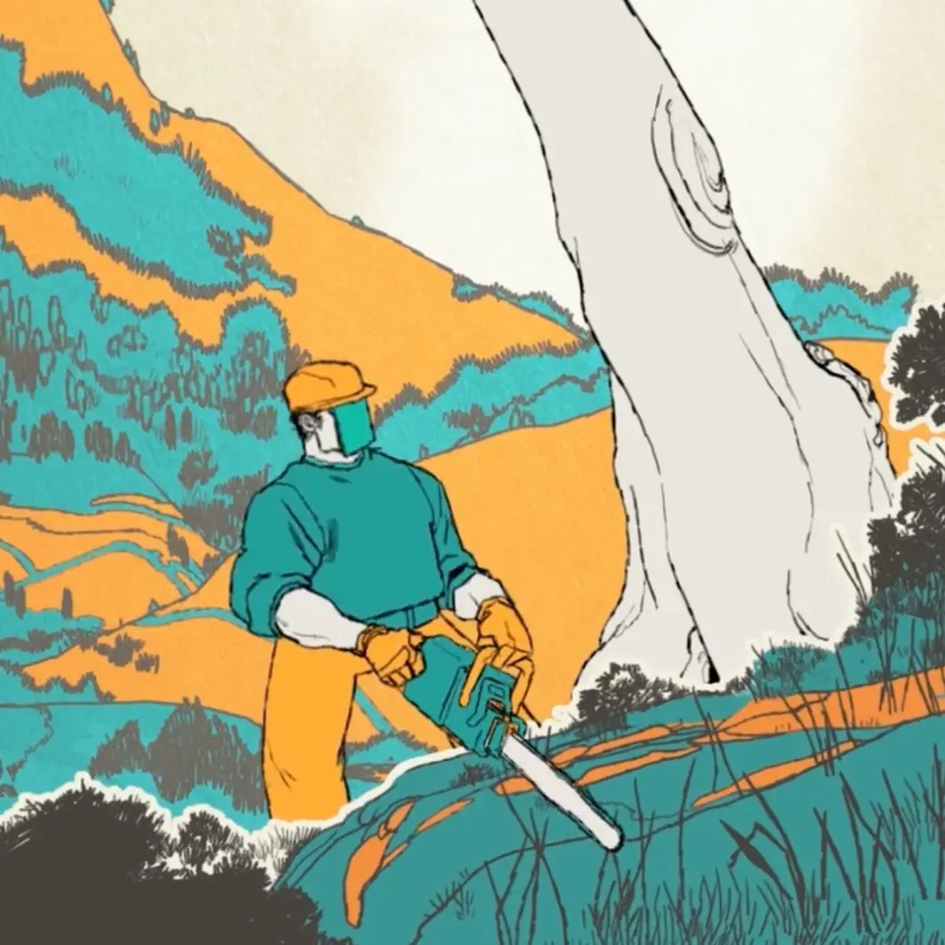 Illustrated worker in a hard hat with a trimmer on a hillside