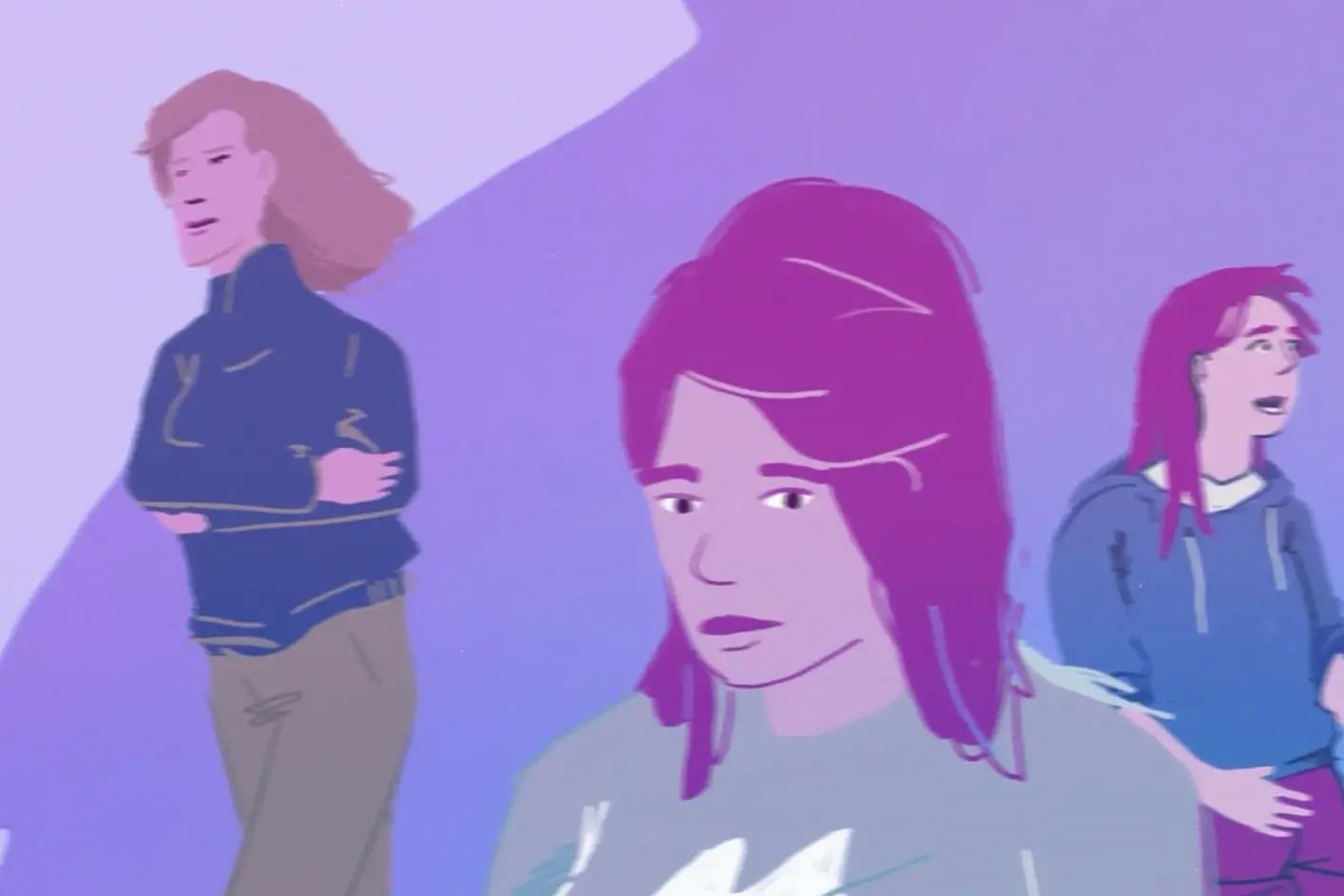 Illustrated young women standing together, washed in purple